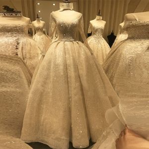 2020 Luxe Baljurk Trouwjurk Lovertjes Beaded Crystal Vestido de Noiva 100% Hoge Kwaliteit Lange Mouw Holle Lace-up Back Bridal Town