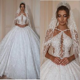 2020 luxe robe de bal robes de mariée spaghetti sangle sans manches perlée appliques paillettes robe de mariée à volants balayage train robes de mariée