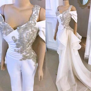 2020 Luxe Kristal Bruiloft Jumpsuit Met Zijkant Afneembare Trein Echte Afbeelding Off Shoulder Peplum Arabische Bruidsjurk Met Broek Suit305d