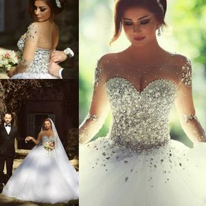 2022 Luxe Kristallen Baljurken Trouwjurken Lange Mouw Lace-Up Back Plus Size Arabische Bruiloft Jurk Echte Foto Designer Vestidos de Novia