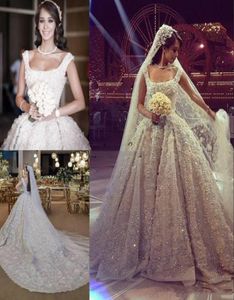 2020 Luxe Elie Saab Perles Robe De Bal Robes De Mariée 3D Appliques Col Carré Dos Nu Robe De Mariée Chapelle Plus La Taille Paillettes Wed3862206