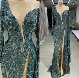 2020 Luxe avondjurken Sheer Jewel Neck Beaded High Side Split Lange Mouw Mermaid Prom Dress Sweep Train Custom Made Roekjes De Soirée