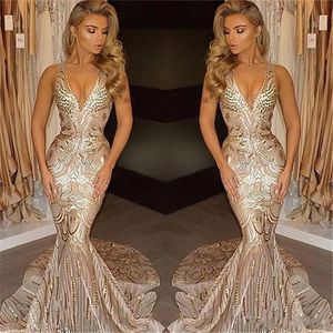 2020 Luxury Gold Semeding Sirène Robes de bal Deep V Neck Sweep Train En long Formal Plus Taille Special Occasion Soirée Pageant Gow 2606