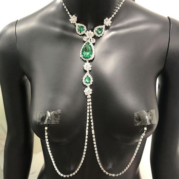 Bijoux de luxe en strass vert pour femmes, sans perçage, Sexy, corps adulte, chaîne de mamelon, collier, 2020, 2612