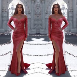 2020 luxe à manches longues paillettes rouges sirène paillettes robes de bal haute scission sexy pure bijou coif casse de soirée vêtements célébrités célébrité robe