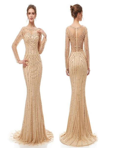 2020 luxe sirène paillettes sexy gaine robe scintillante bal robes de soirée Dubaï spectacle manches longues pure corsage robe de soirée 54051324176