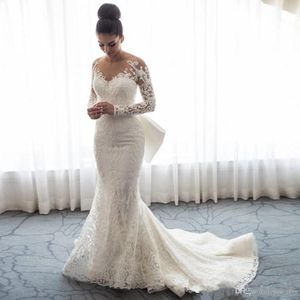 2020 Robes de mariée de luxe sirène col transparent manches longues illusion pleine dentelle appliques arc overskirts bouton retour chapelle train Br238v