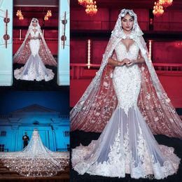 2020 robes de mariée de sirène musulmane de luxe col en V dentelle robes de mariée en cristal saoudien arabe Dubaï plus la taille robe de novia sur mesure
