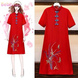 Etnische kleding 2021 M-4XL Plus Size Vintage Red Embroidery Chinese Traditionele Qipao Casual Party Dames Midi Jurk Zomer Cheongsam Jurken