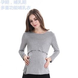 2020 ropa de maternidad señoras mujeres embarazadas que amamantan sólido blusa de manga larga Tops camisa para mujeres embarazadas enfermería Top LJ201120