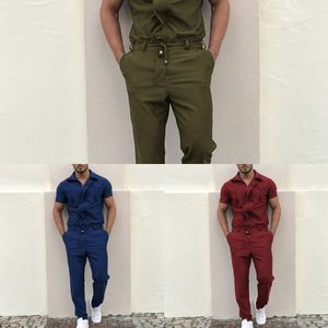 2020 Combinaison à fermeture éclair pour hommes Streetwear Été Mâle Manches courtes Couleur unie Pantalon Cargo Ensemble Combinaisons Salopette Barboteuses X0610