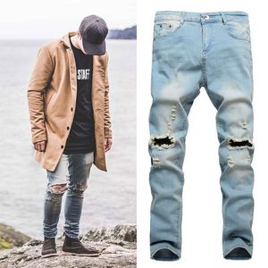 Hombres Skinny Biker jeans pantalones de mezclilla Agujeros en la rodilla pantalones hiphop Lavado de alta calidad