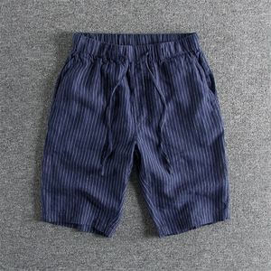 2020 Hommes D'été Mode Japon Style Premium Lin Vintage Taille Élastique Rayé Shorts Mâle Mince Quotidien Casual Classique Shorts T200422