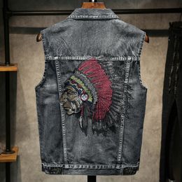 Hommes vintage denim gilets hommes sans manches cowboy vestes mâle rétro décontracté lavé broderie indiens gilet grande taille gilet