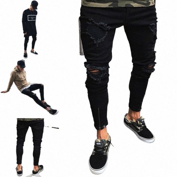2020 Mens Cool Designer Brand Black Jeans Skinny Ripped détruit Stretch Slim Fit Hop Pantalon avec des trous pour hommes Y1CB #