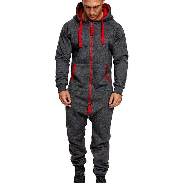 2020 Mens Pure Color Splicing Jumpsuit Hommes One-piece Garment Pyjama Playsuit Zipper Hoodie Homme Onesie Combinaisons Salopette Hombre LJ201125