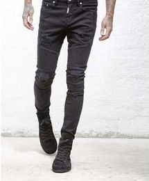 Jeans skinny pour hommes Runway slim Biker jeans denim genoux trous pantalon hiphop lavé de haute qualité