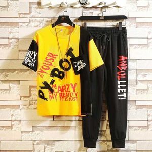 2020 hommes Streetwear Hip-hop printemps été tenue T-shirt et pantalon homme costume pull deux pièces ensemble décontracté Rap vêtements X0610