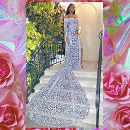 2020 Zeemeermin Avondjurken Bateau Tulle met Applique Pailletten Prom Dress Lange mouwen Court Tarin Split Speciale gelegenheid Jurken