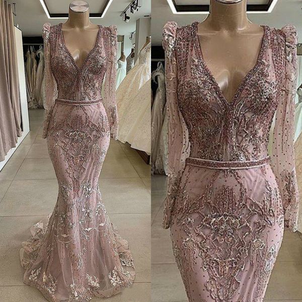 2020 robes de soirée sirène col en V appliqués paillettes perlées manches longues robe de bal ceinture à volants balayage train sur mesure robe de soirée formelle