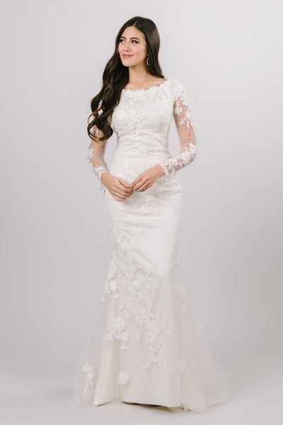 2020 robes de mariée modestes sirène avec manches longues col rond boutons dos dentelle appliques LDS robes de mariée sur mesure en vente