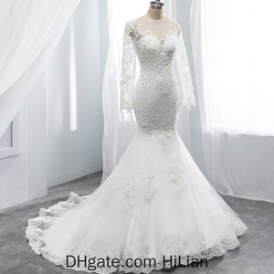 2020 zeemeermin trouwjurk lange mouwen backless bruiloft gegroeid kristal peals mariage jurk op maat gemaakt O-hals jurk voor bruiloft