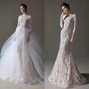 2020 robes de mariée sirène col haut manches 3/4 dentelle appliquée avec train détachable robes de mariée illusion balayage train Robes De Mari￩e