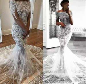 2020 robes de mariée sirène dentelle appliques balayage train épaule pure manches longues voir à travers la robe pour les mariées robes de mariage de mariée 44