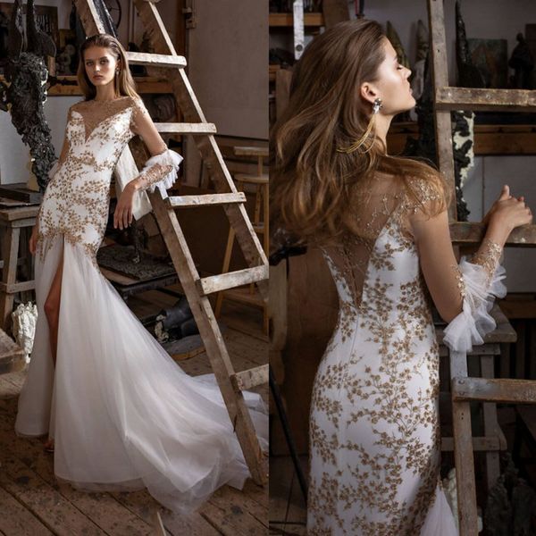 2020 Robes De Mariée Sirène À Manches Longues Cuisse Fentes Robes De Mariée Balayage Train Satin Tulle Applique Paillettes Strass Vestidos De Novia