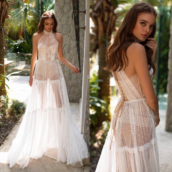 2020 Millanova Nouveau Design Robes De Mariée Halter À Lacets Appliques Tulle Une Ligne Robes De Mariée Balayage Longueur Robes De Mariée