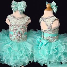 2020 Mint Baby Infant Korte Mini Cupcake First Communion Ball Gozels Rufffles Crystals Rhinestones Bloemmeisje Toddler Pageant Dres286CC