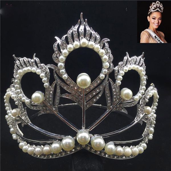 2020 Miss Univers Crown Full Round Perle Réglable Peakcock Feather Tiara Pageant RE