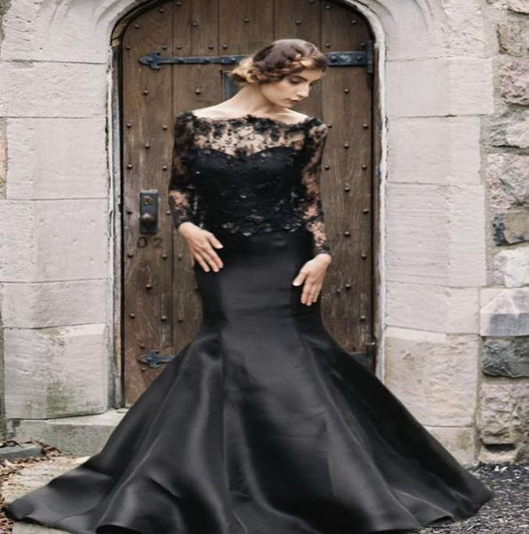 2020 Vestidos de novia góticos negros modernos Sirena Mangas largas Flores de satén de encaje Vestidos de novia coloridos No blanco Vintage Robe De M5184267