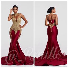 2020 Modern Bourgondië Borduurwerk Tassel Mermaid Prom Dresses High Neck Gold Lace Applique Backless Avond Jurken BC3645 223N