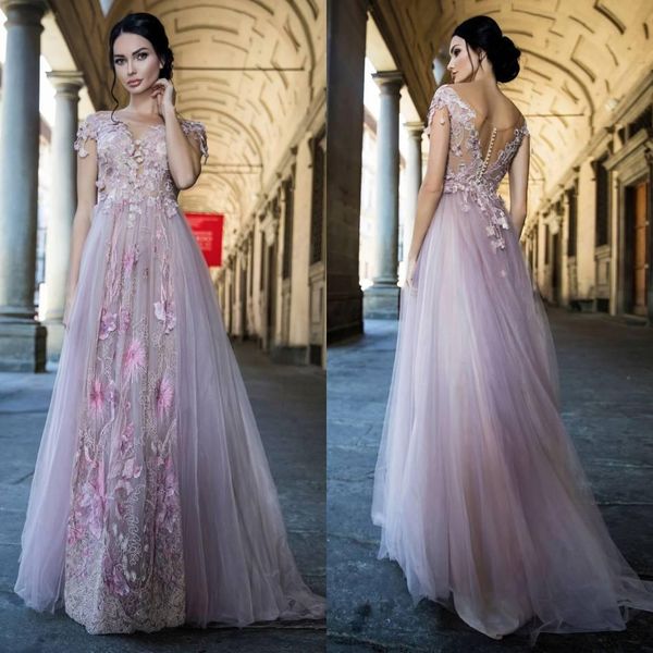 2020 Vestidos de noche modestos y hermosos con cuello en V, manga corta, línea A, apliques de encaje, vestidos formales, vestido de fiesta de tren de barrido