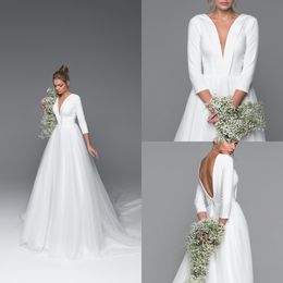 2020 Modest Eva Lendel 3/4 Lange Mouw V-hals Een lijn Trouwjurken Backless Sweep Trein Bruidsjurken Simple Robe de Mariée