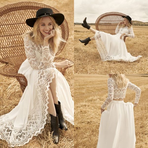 2020 Modest Rembo Styling Bohème Bijou À Manches Longues Deux Pièces Robes De Mariée En Dentelle Tulle Robe De Mariée Balayage Train Robe De Mariée