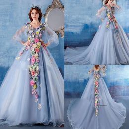 2020 Modest V Neck Half Puff Sleeve Lace Up A Line Evening Hand Made Flowal Formal Jurken Sweep Train Party Jurk 0508