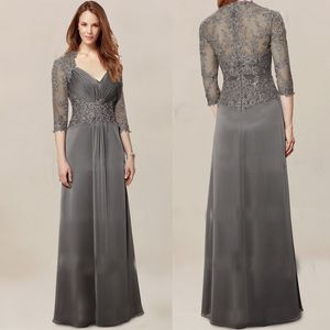 2020 Mère De La Mariée Robes Col En V Manches 3/4 Illusion Appliqued Dentelle Perlée Robe De Mère Longueur De Plancher Sur Mesure Robe D'invité De Mariage