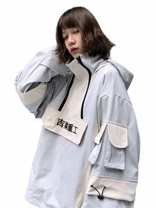 2020 Multi Pocket Stormsuit Hiphop Casual Stiksels Half Zip Capuchon Dames Herenkleding Antieke Jas Japanse Stijl Streetwear J3KZ #
