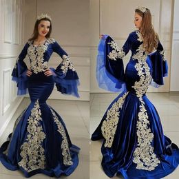 2020 Musulman Arabe Bleu Royal Robes De Bal Avec Champange Appliqued Sexy Plus La Taille Longue Sirène Robes De Soirée Formelle Robe De Soirée2508