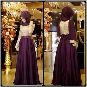 2020 robes de soirée musulmanes une ligne manches longues violet broderie Hijab islamique Dubaï Abaya caftan longue robe de soirée robe de bal235R