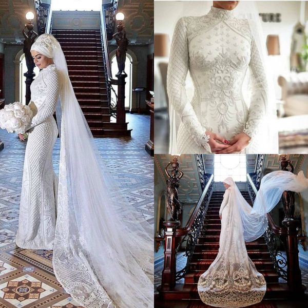 2020 vestidos de novia de sirena musulmana con apliques de encaje de velo túnicas de cuentas de mari￩e vestidos de novia Vintage de cuello alto