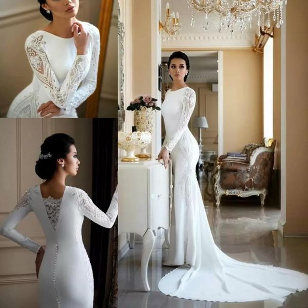 2023 Robe de mariée de sirène à manches longues élégantes à manches longues avec dentelle en dentelle en satin boho robes de mariage paillettes vestido de novia gb0920