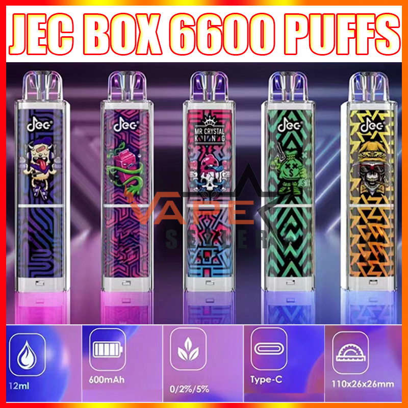 Einweg -Vape -E -Zigaretten Original JEC Box 6600 Puffs mit 0% 2% 5% wiederaufladbare 600 -mAh -Batterie Batterie 12 -ml -Pod -LED LED Leuchten Puff Stift