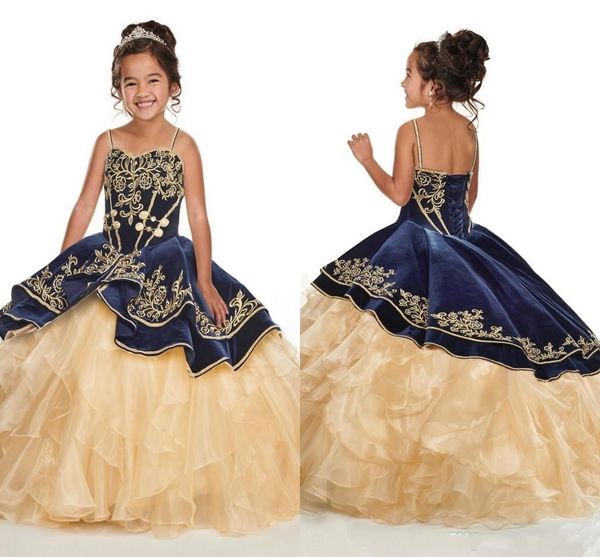 2021 bleu marine robe de bal filles Pageant robes princesse bretelles spaghetti avec broderie d'or organza enfants fleur filles robe robes d'anniversaire