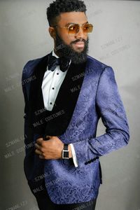 2020 Navy Blue Jacquard Wedding Mannen Past Custom Made Slim Fit Bruidegom Tuxedos 3 Stuk Jack Pants Vest Beste Man Blazer voor Prom
