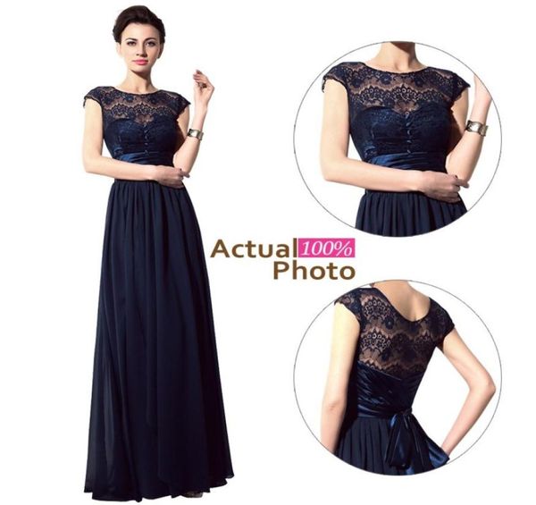 2020 Vestidos de dama de honor de encaje azul marino Sheer Neck Sash Manga corta Vestidos de noche vintage Vestidos para madre de la novia 2158604