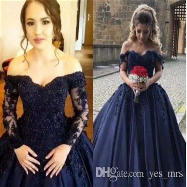 2020 robes de Quinceanera bleu marine robe de bal hors épaule 3D fleur dentelle appliques perlée balayage train satin corset bal soirée Go223x