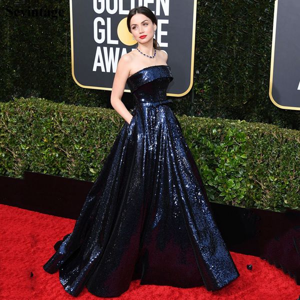 2020 vestido de celebridad de lentejuelas sin tirantes azul marino para Golden Globe Vestidos de noche de talla grande con purpurina y bolsillos con lazo Vestido de alfombra roja